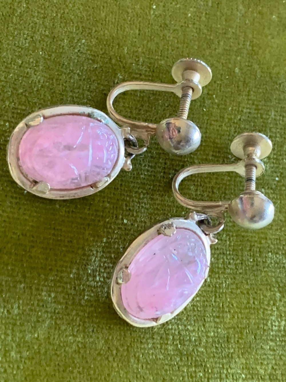 Vintage Pink Quartz Screw-Back Gold Tone Drop Earrings